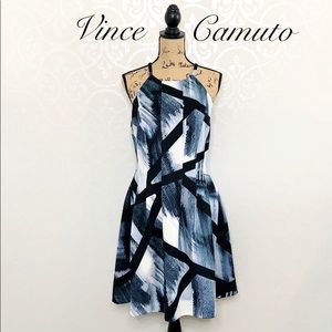 VINCE CAMUTO HALTER FIT/FLARE DRESS WITH POCKETS